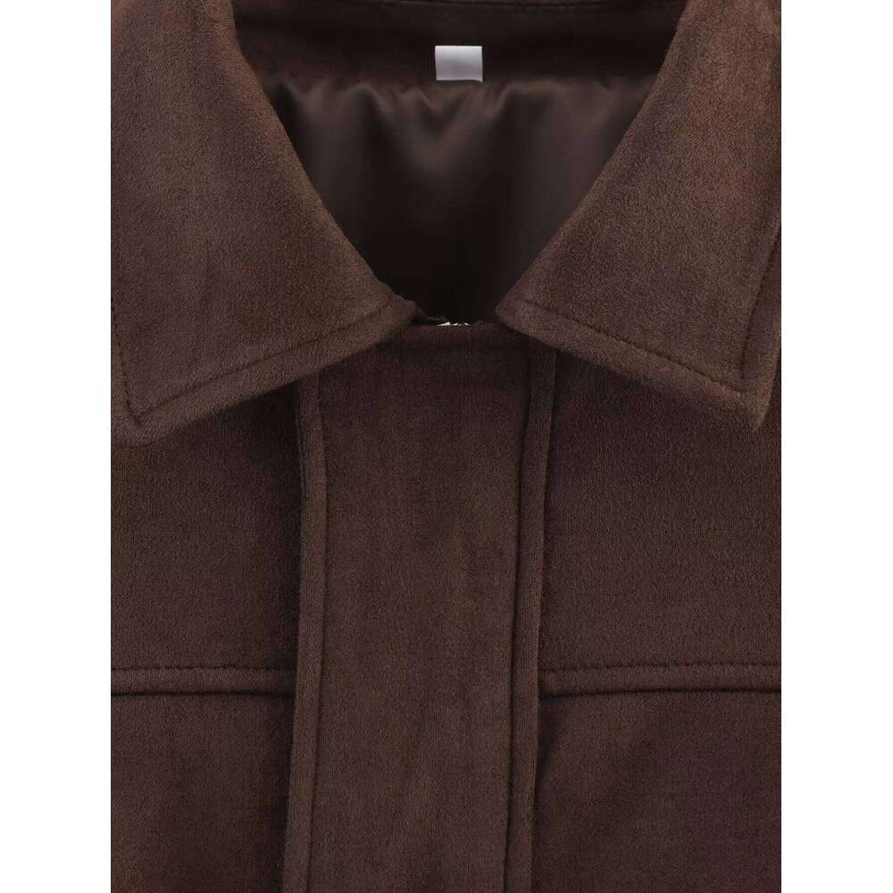 Pb&Za Women 2025 Spring New Fashion Suede Lapel Bomber Jacket Coat Vintage Long Sleeve Casual Female Outerwear Chic Tops