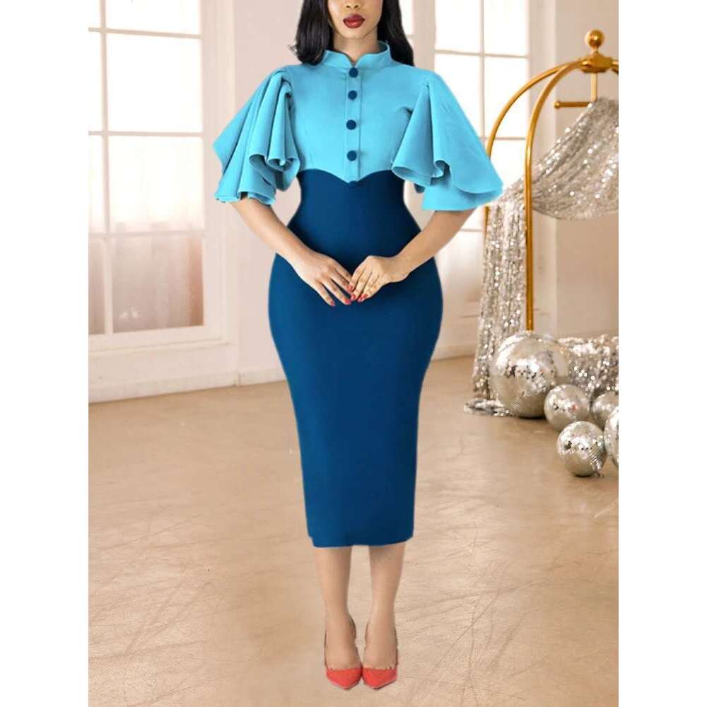 Blue Color Block Sheath Dresses for Women Stand Collar Ruffles Sleeves Button Up High Waist Fashion Party Office Ladies Vestidos