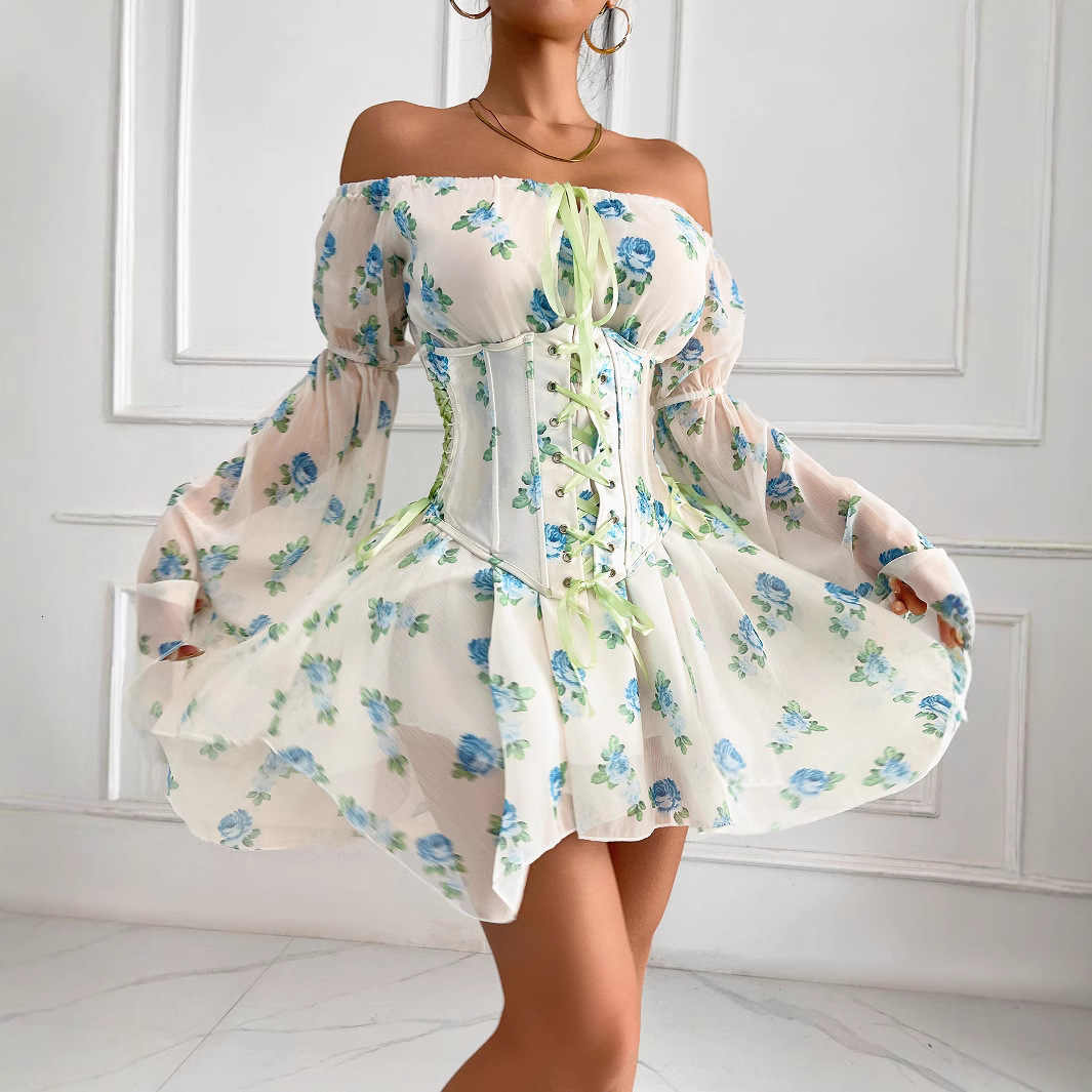 Womens printed floral dress with lace up one shoulder long sleeved waist and detachable short skirt