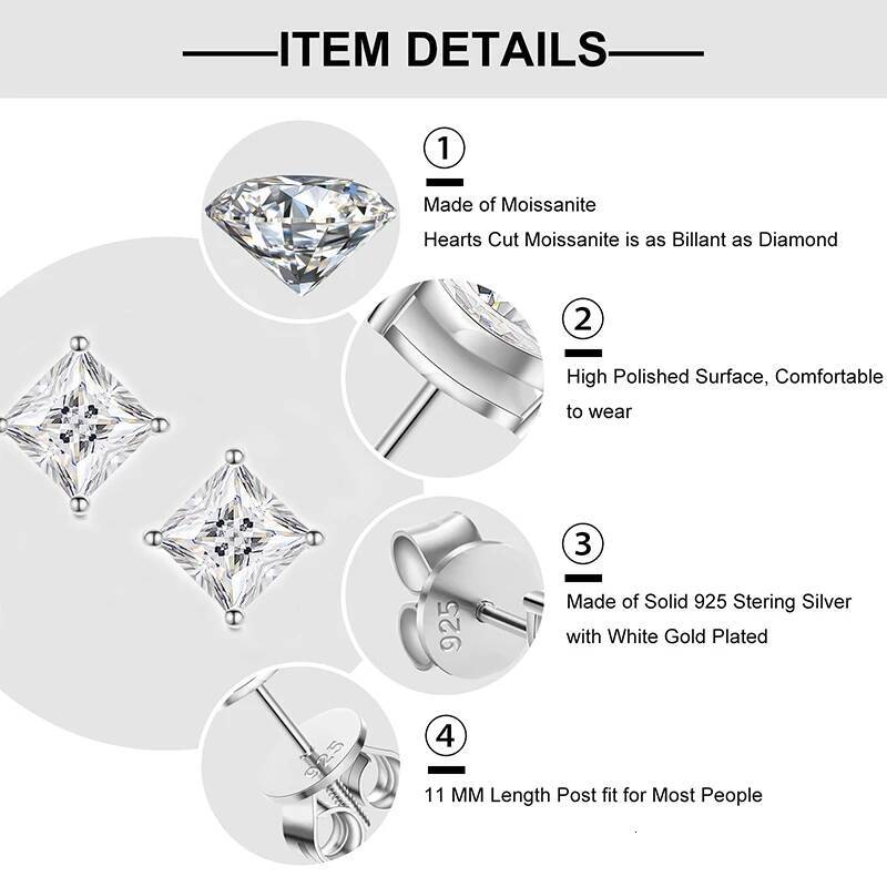 Princess Cut 1-2.4 Ct Moissanite Earrings for Women Men Sterling Sier Sparkling Dia Ear Studs Fine Party Jewelry Gifts