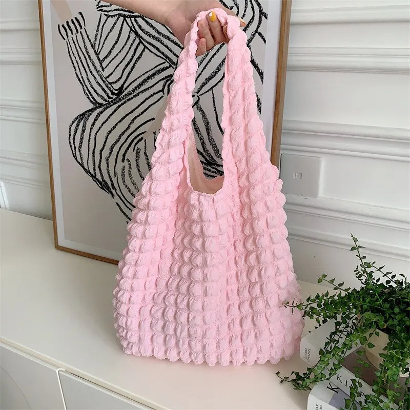 Summer Pleated Bubble Cloud Women Shoulder Bag Vintage Candy Color Large Capacity Shopping Tote Bag 250526