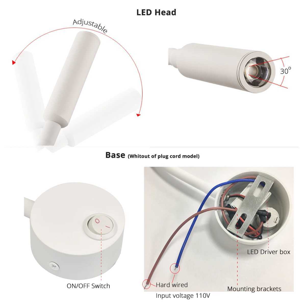 2pcs LED Wall lamp 3W for Bedside Study Reading Book Lamp Black Silver White wall light EU US Plug CordXJ250526