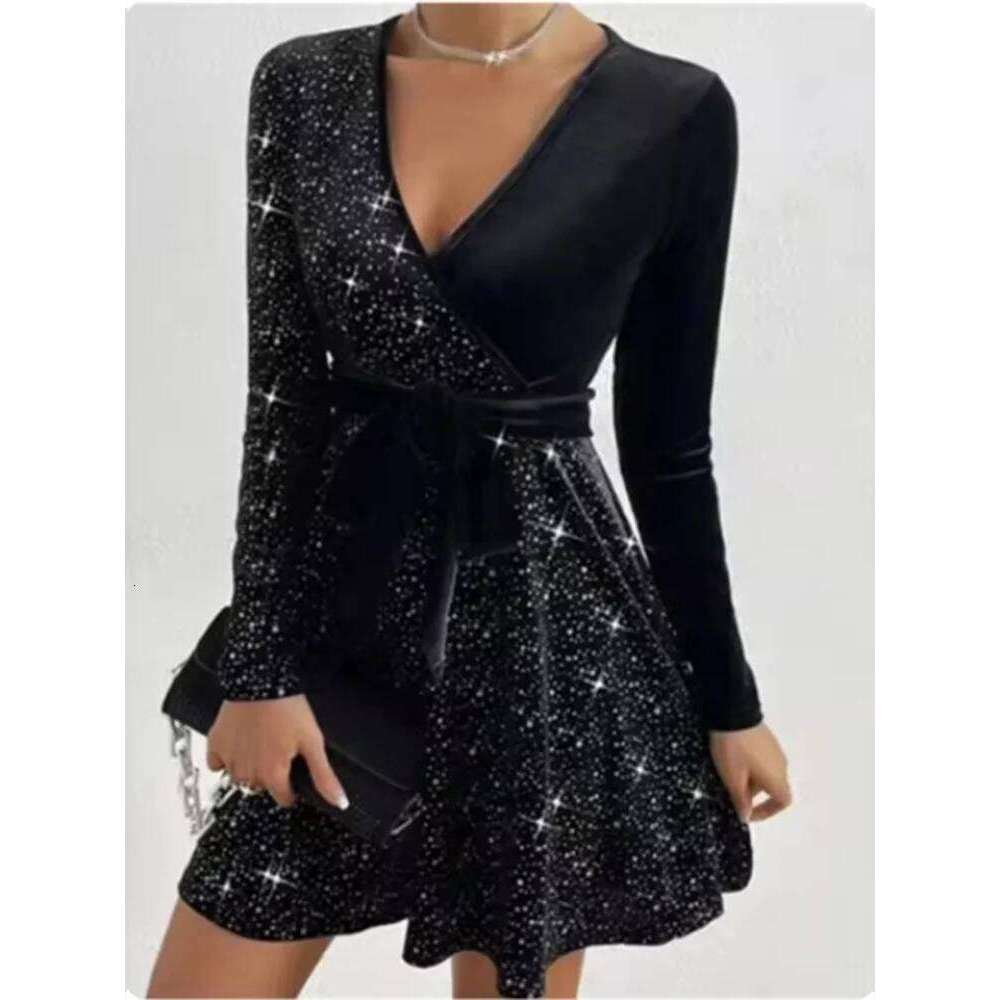 Women's V-neck Sexy Long Sleeved Sequined Solid Color Dress High Street Fashion Elegant Party Evening Dresses
