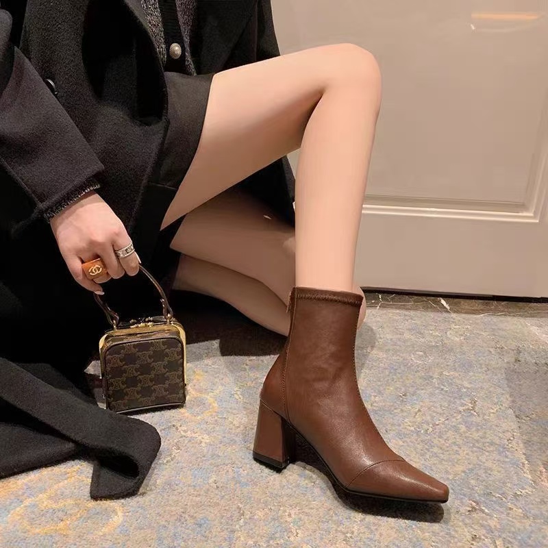 Size 34-39 Women Ankle Real Leather Sexy High Heels Shoes Woman Winter Fashion Chunky Booties Retro Elastic Boots