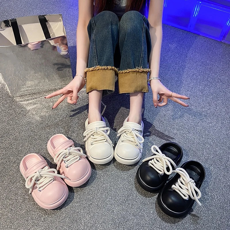 Summer Fashion Trend Lace Up Slippers Outdoor Baotou Beach Sandals EVA Flat Shoes Comfortable Breathable Clogs Soft Slippers 250526
