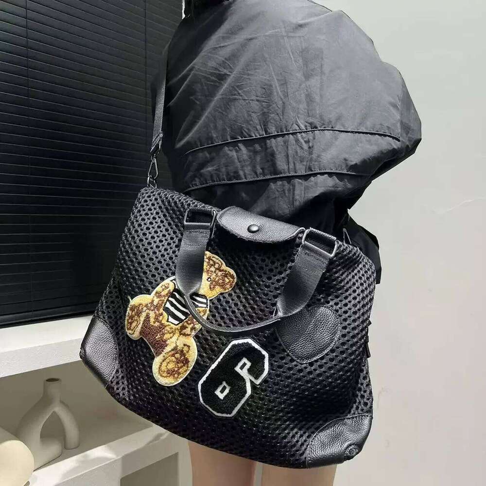 Women's Bags Designer Ladies' Fashion Mesh Splicing Casual Handbag With Multiple Pockets, Small Bear Patch, Single Shoulder Diagonal Cross B