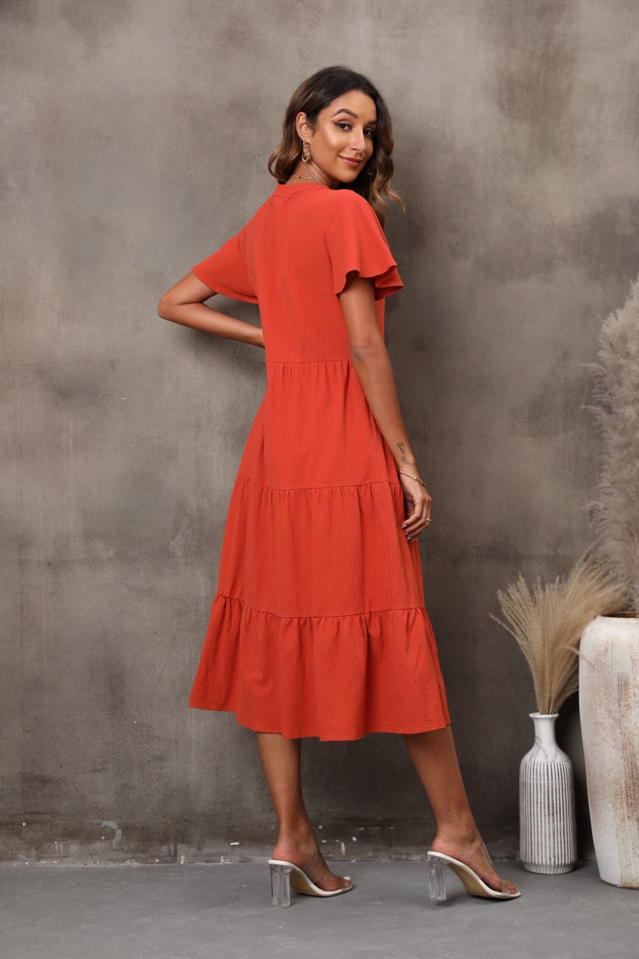 Summer womens new V-neck short sleeved dress cardigan mid length skirt