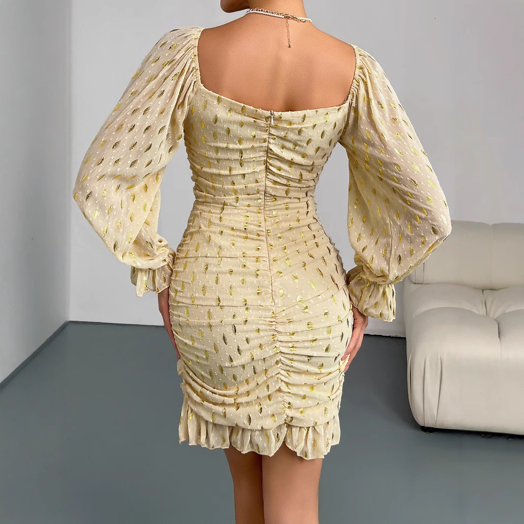 Womens summer new dress 2025 high-end long sleeved mid skirt with a shiny and sparkling temperament