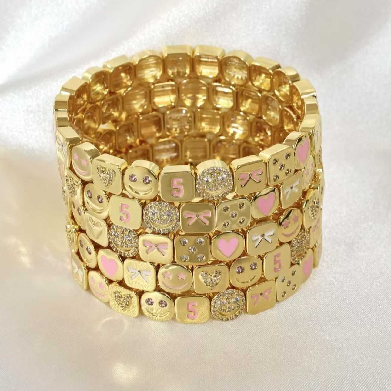 2024 Design Enamel Happy Face Inlaid Dimond Bracelet Womens Gold Dice Bead Elastic Bracelet Boho Jewelry Accessories Z250421