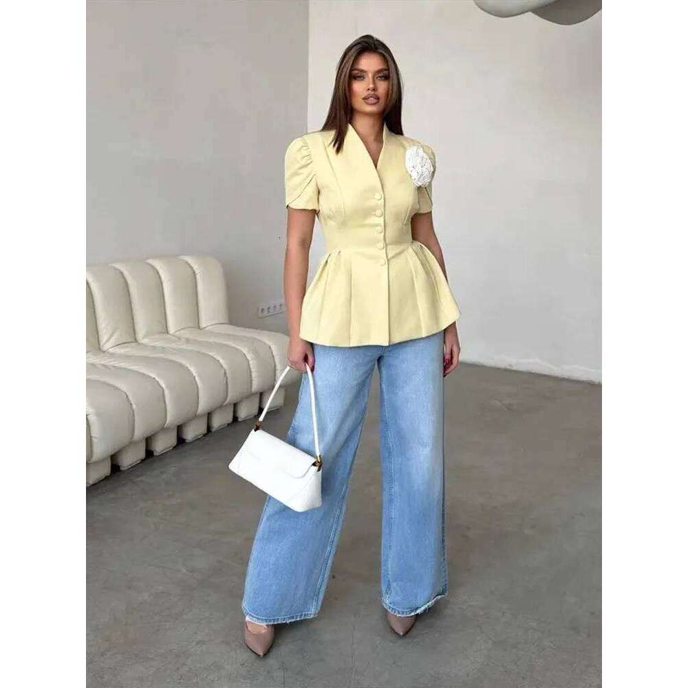 Elegant 3D Flower Women's Short Sleeve Top Coat Slim Stand Single-breasted Peplum Hem Jacket 2025 Summer New Commute Outerwear