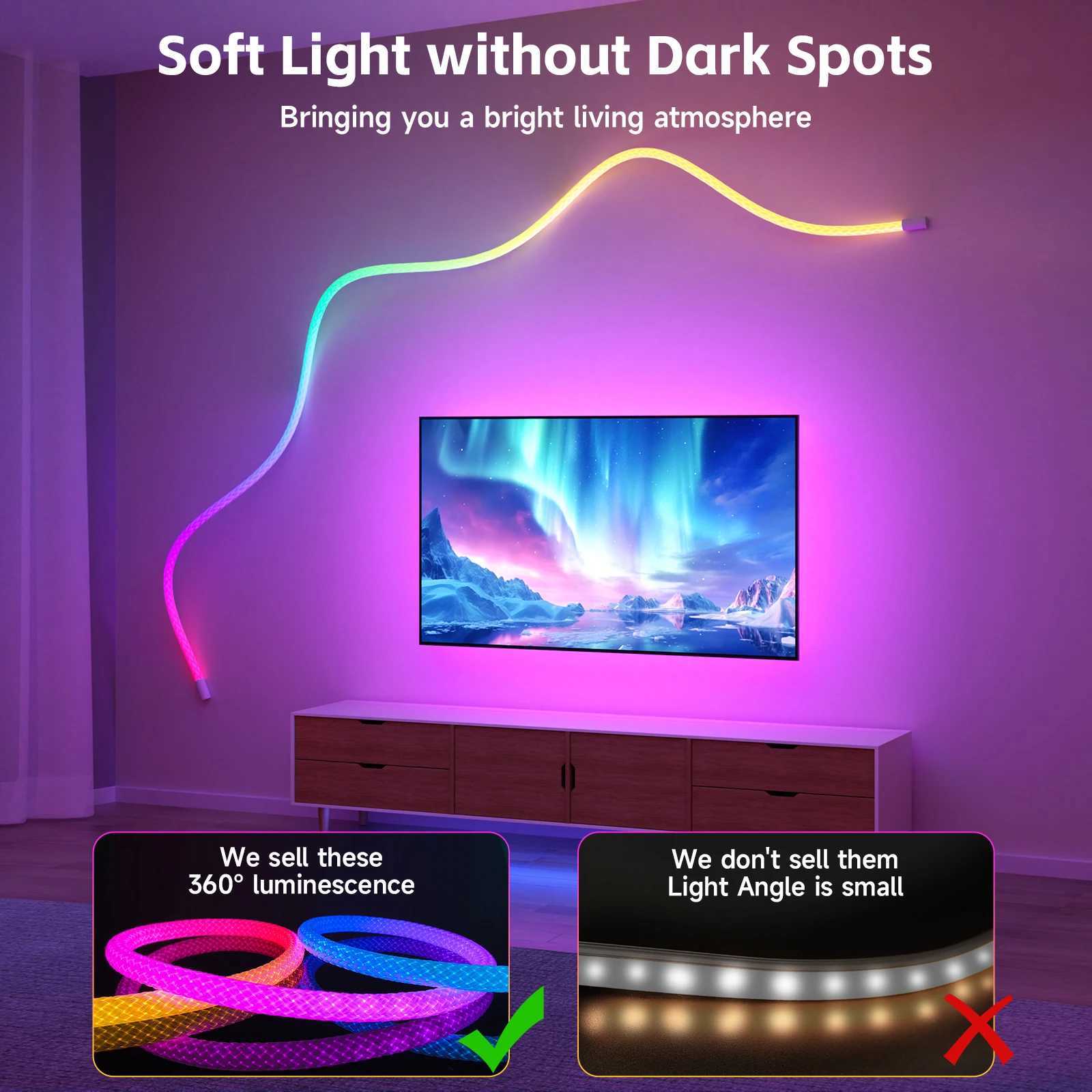 RGBIC Flexible Silicone LED Light Strip 5V Waterproof IP67 Round Reticulate Pattern 360 Degree Neon Glow Smart Rope Light W250526