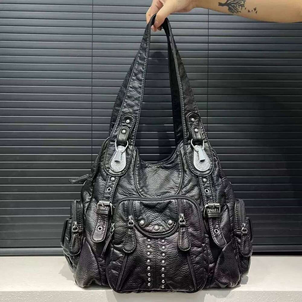 Women's Bags Designer Women's Fashion Y2k Washed Distressed Hot Girl Motorcycle Large Capacity Rivet Shoulder Messenger Bag