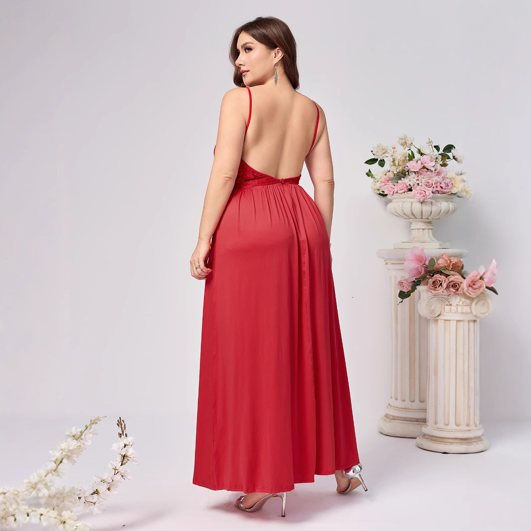 Solid color red sexy dress long skirt dress womens evening dress
