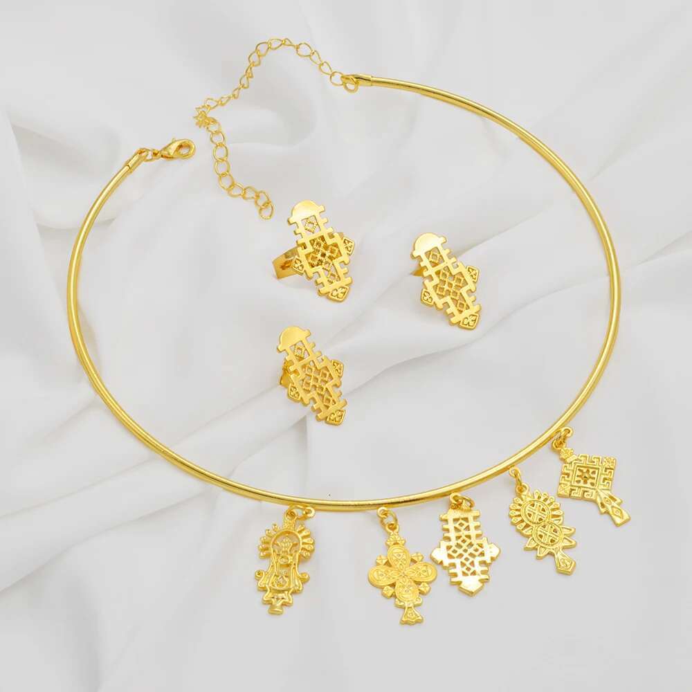 Ethiopian Eritrea Ethnic Jewelry Sets With Cross Chokers Earrings Rings For Women Girls Africa Wedding Party Gifts #340006