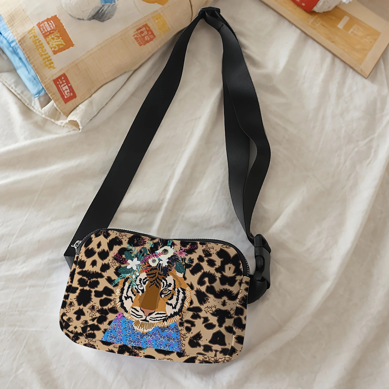 1pc tiger pattern printed fashionable adjustable crossbody bag a neutral sports waist bag suitable for running 250526