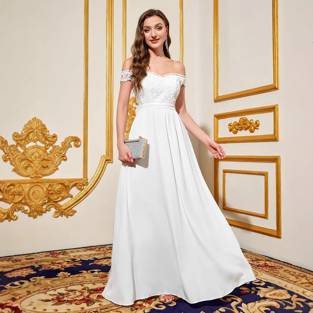 Womens Dress Elegant Long Wedding Banquet One Shoulder White Wedding Dress