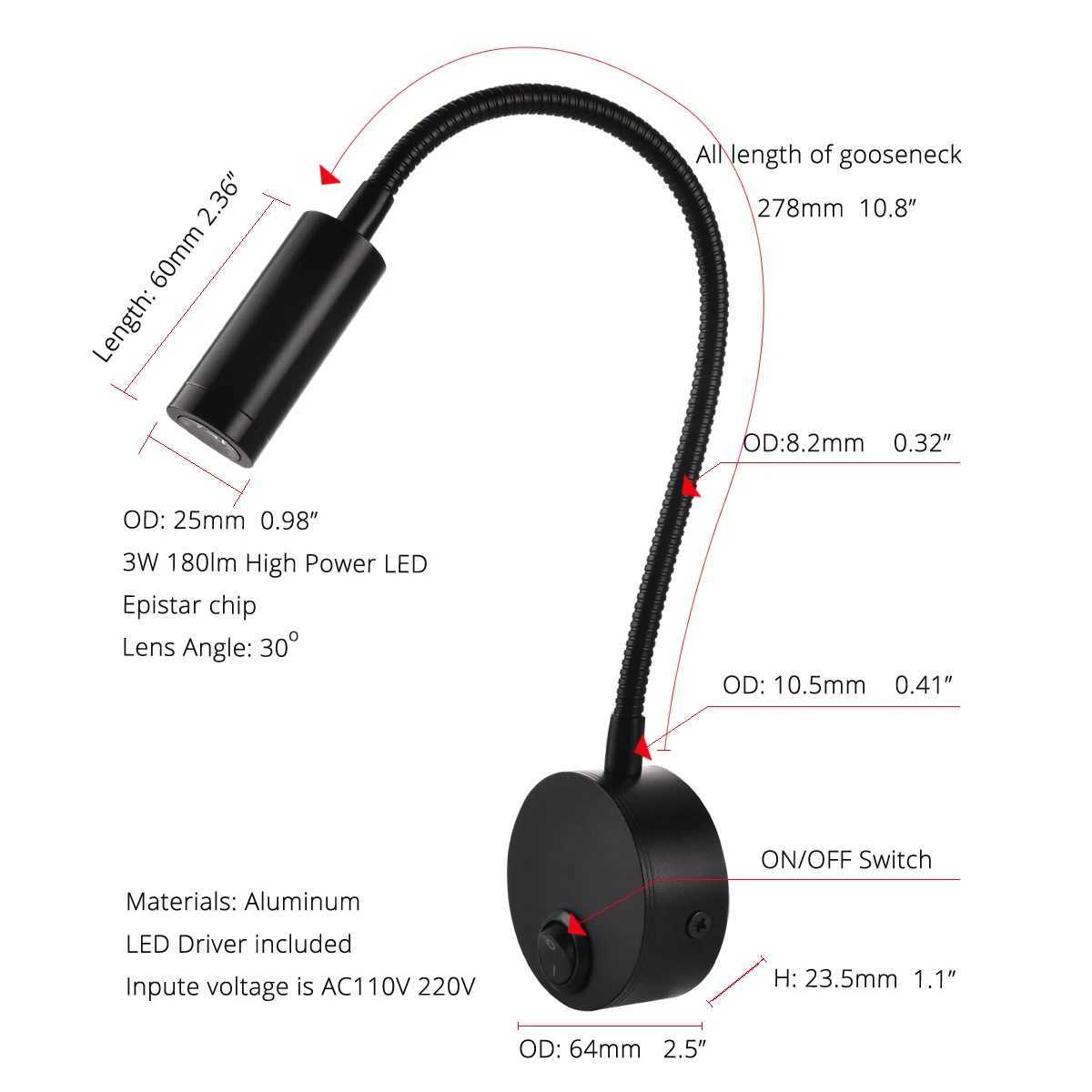 LED Wall Lamps With Knob Switch 3W AC90-260V Black Silver Bedroom Bedside Reading Light Direction Adjustable Indoor LightingXJ250526