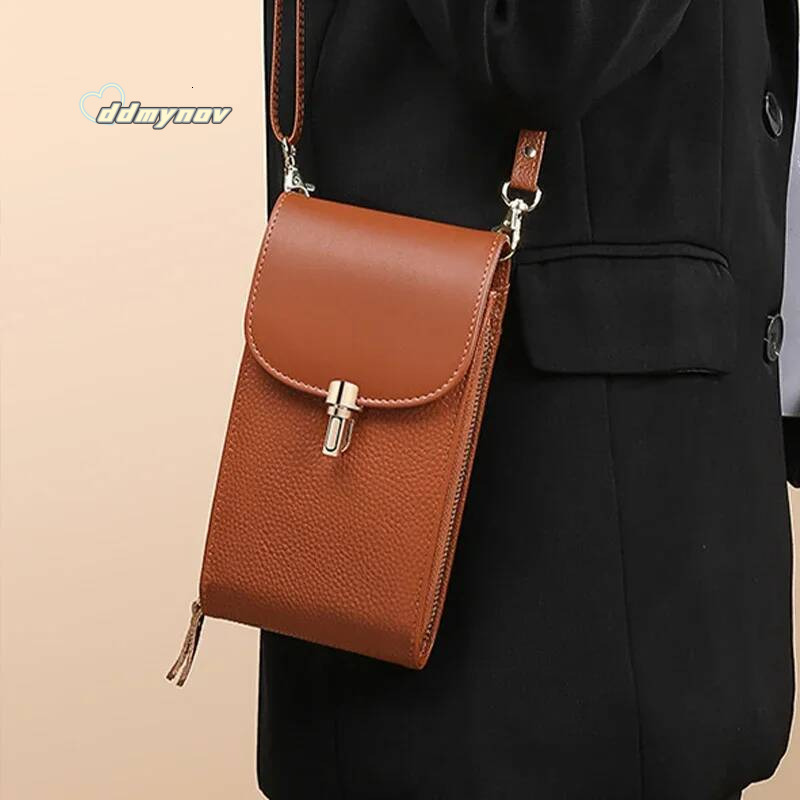 Genuine Leather Phone Solid Color Flip Round Lock Women's Crossbody Bag with Long Shoulder Strap and Credit Card Slot ddmynov