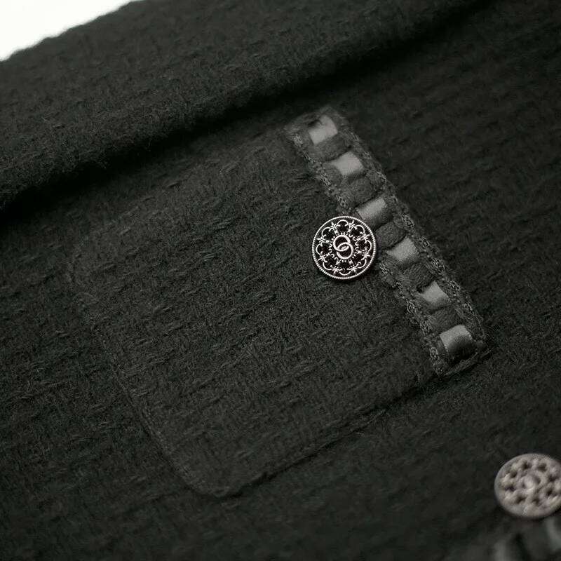 Black Tweed For Women's Autumn/Winter Tops, Short And Versatile Small Fragrant Woolen Jacket