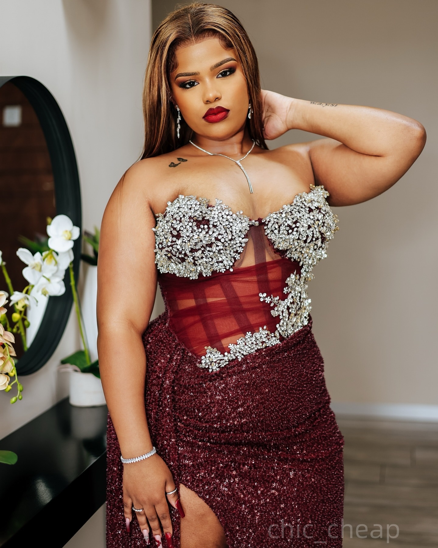 Burgundy Sheath Prom Dresses 2025 Beaded Crystals Sequined High Split Evening Formal Party Second Birthday Engagement Gowns Plus Size Dress For Specia