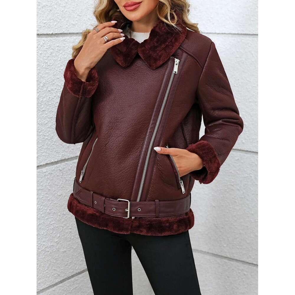 Fitaylor Winter Women Faux Fur High Street Motorcycle Outwear Casual Lady Thick Warm Leather Jacket