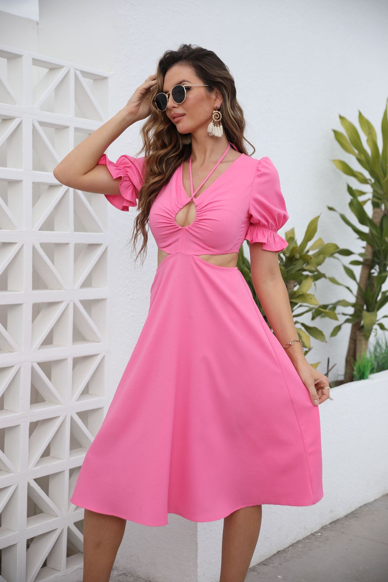 Spring and Summer New Womens Wear New Product V-Neck Slim Fit Dress Solid Midlength Dress
