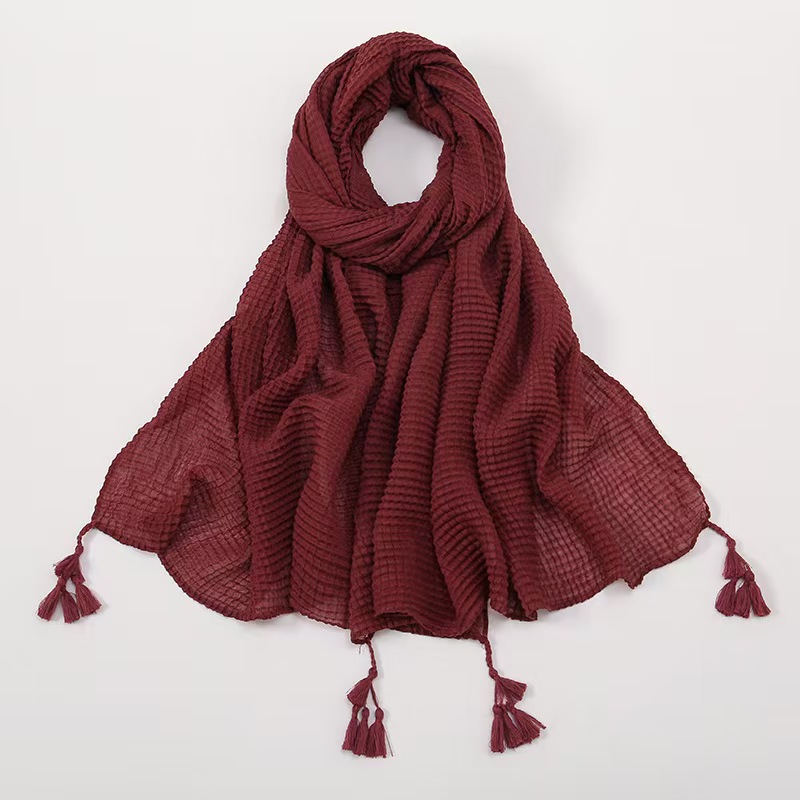 T805 pure summer popular new style solid color ethnic headscarf female classic solid color wrinkled polyester tassel scarf
