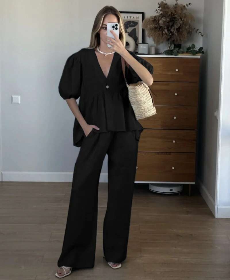 Elegant Solid New 2 Piece Sets Fashion Women Sexy V-Neck Short Sleeve Button Vests Tops Wide Leg Pants Suit Casual Streetwear