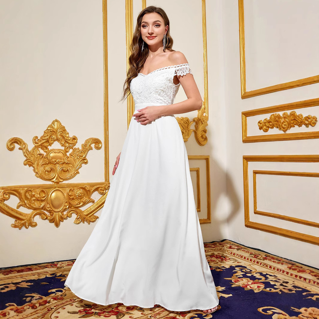 Womens Dress Elegant Long Wedding Banquet One Shoulder White Wedding Dress
