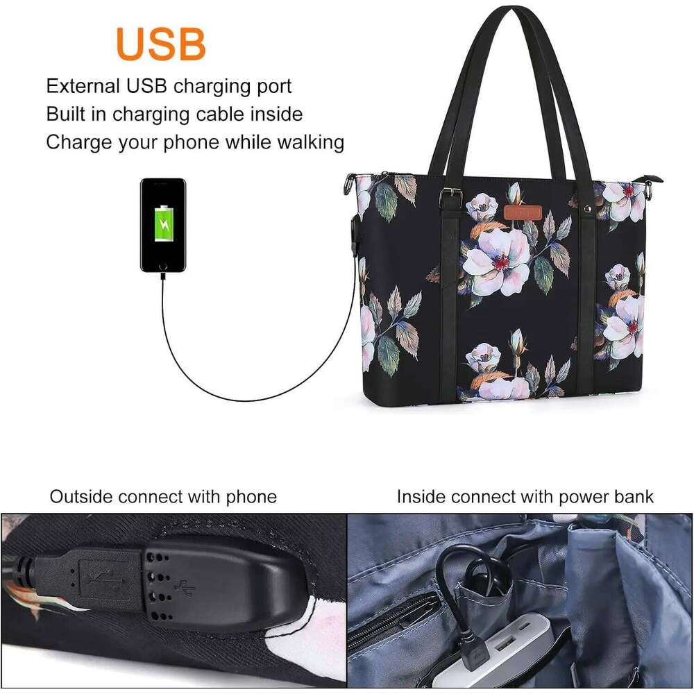 Women's Bags Designer MOSISO USB Port Tote (13-13.3 Inch) With Adjustable Top Handle, Hibiscus Polyester Work Travel Laptop Bag For Women