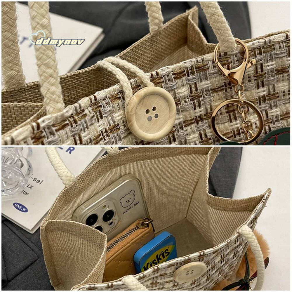 Retro Braided Pattern Jute Tote Large Capacity Grocery Women Handbag Beach Organizer Portable Shopping Lunch Bag ddmynov