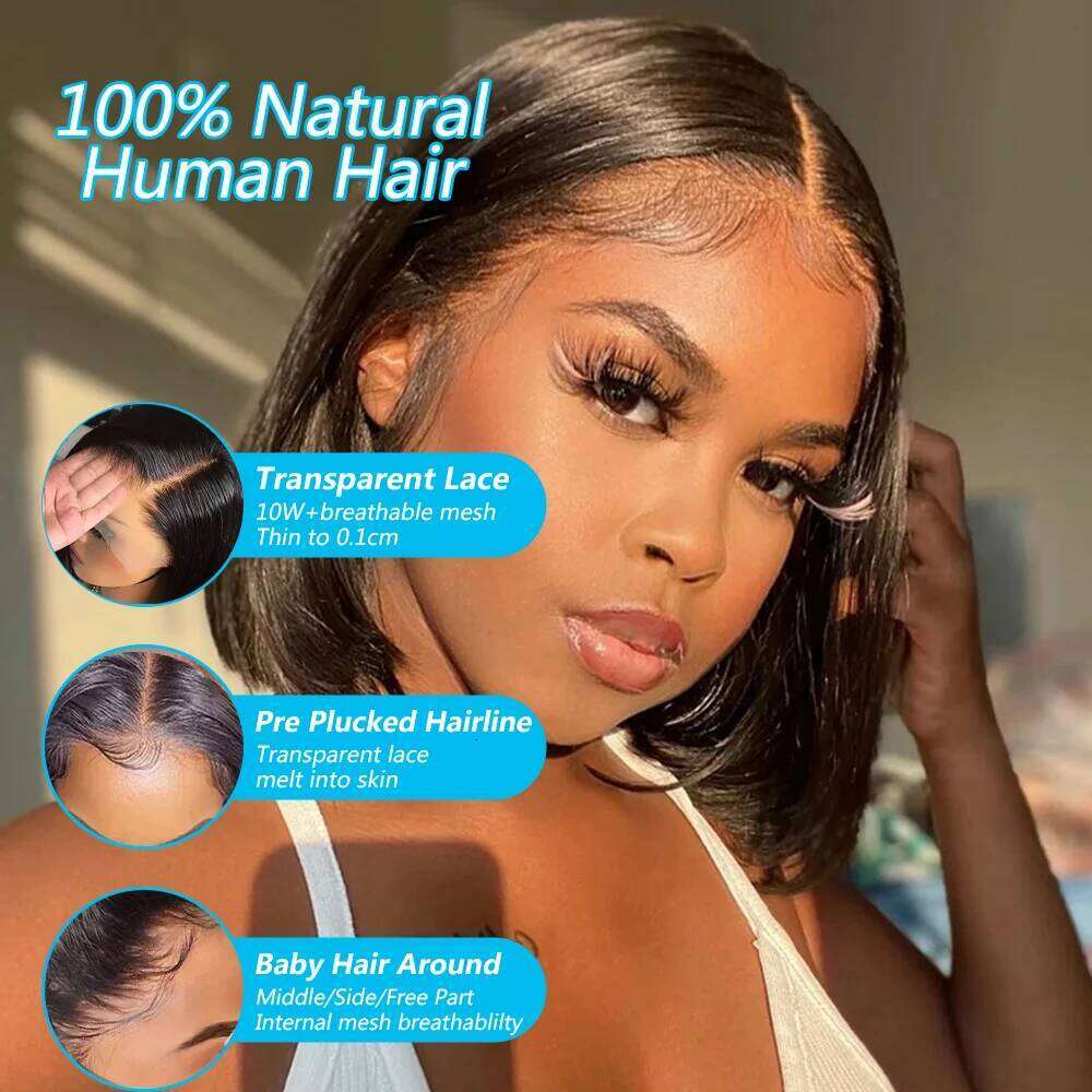 Bone Straight Human Hair 13x4 Short Bob Transparent Lace Front Wig 200% Densit 12 Inch Brazilian Natural Wigs For Women