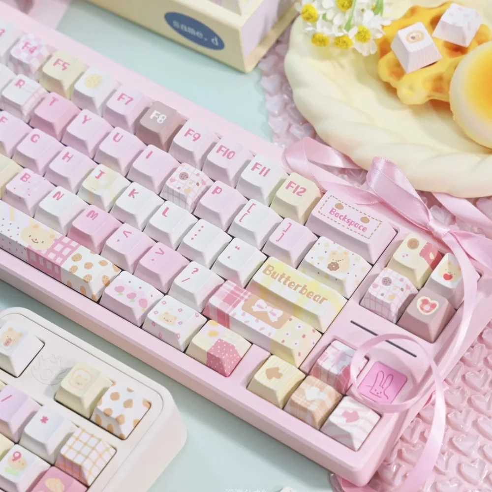 Cute Butter Bear Keycap SOA Cherry Profile PBT Keyca for DIY Mechanical Keyboard Pink Light Yellow Hand-painted Style Key Ca R250526
