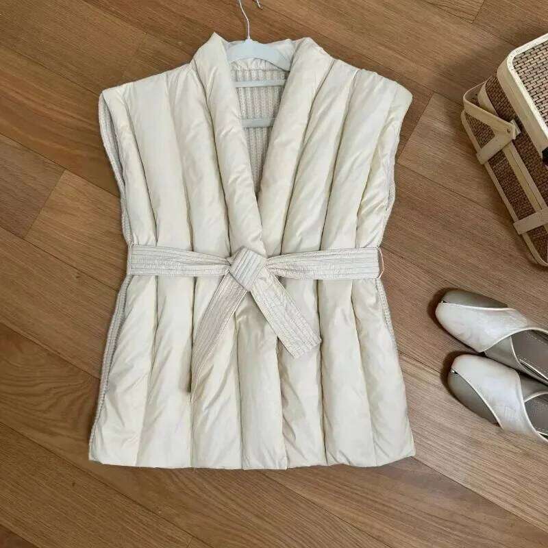 Sweet Hot Girl Knitted Splicing Vest Women's Autumn And Winter Lace-Up White Duck Down Sleeveless Coat Female Clothes