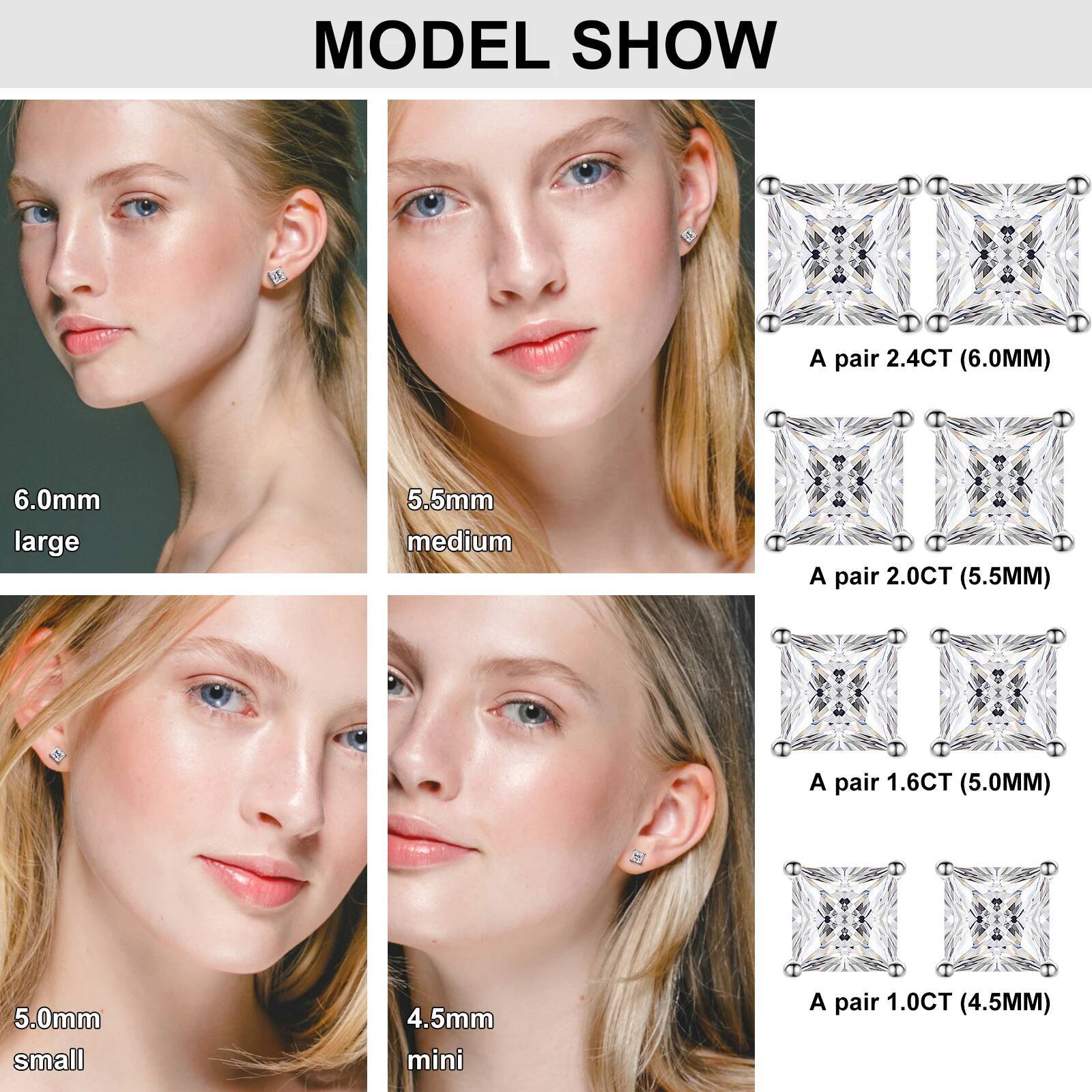 Princess Cut 1-2.4 Ct Moissanite Earrings for Women Men Sterling Sier Sparkling Dia Ear Studs Fine Party Jewelry Gifts