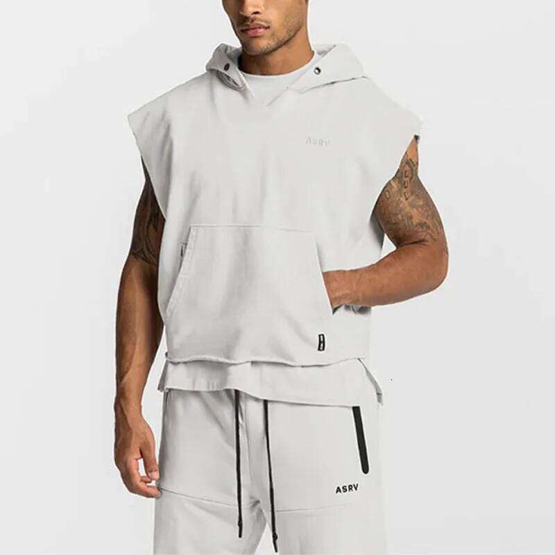 Korean Trend Trendy Loose Spring New Hooded Sleeveless T-Shirt Men's Solid Embroidery Patchwork Pockets Breathable Sports Tops