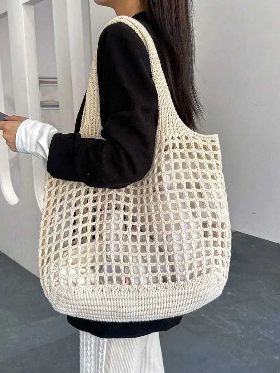Fashion Vintage Solid Color Knitted Hollow Tote Bag Large Capacity Shopping Shoulder Bag Crochet Handbag for Women W250524