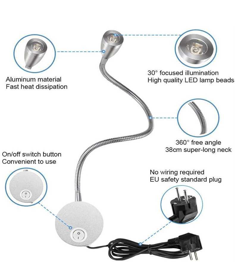 3W LED Reading Light Gooseneck For Bed Headboard Bedroom Bedside Switch With Plug Night Lamp Work Study Wall Mounted Wall LampXJ250526