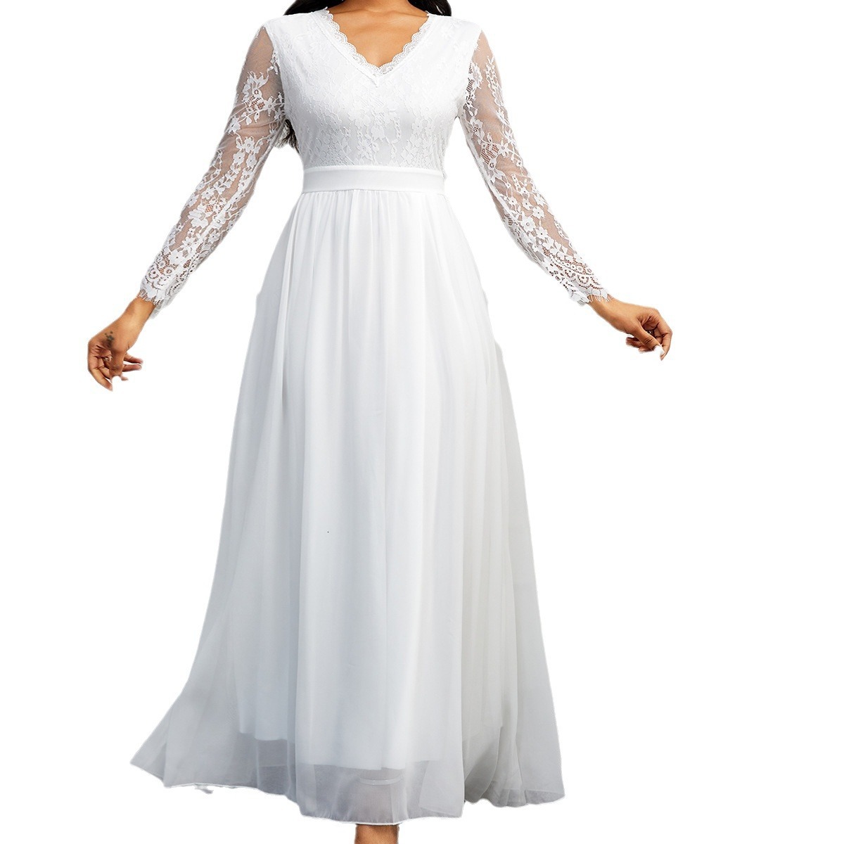 New Dress Slim Fit White Wedding Dress Lace V-Neck Fashion Dress Chiffon Wedding Dress