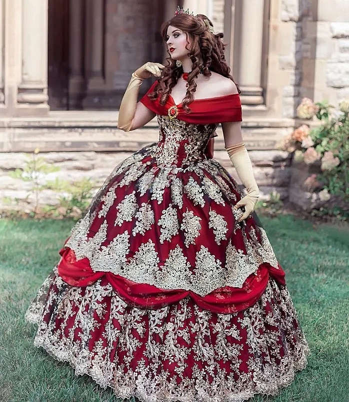 Dark Red And Gold Princess Prom Dresses Off Shoulder Lace Ball Gown Gothic Evening Dress Lace-up Back Corset Special Occasion Wear