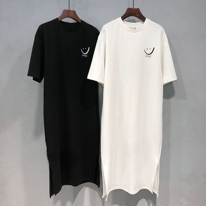 Tight Cut Out Dresses Summer New Versatile Loose Short Sleeve Korean Style Printed Split Mid Length Dress T Shirt For Women Trendy Sexy Dress