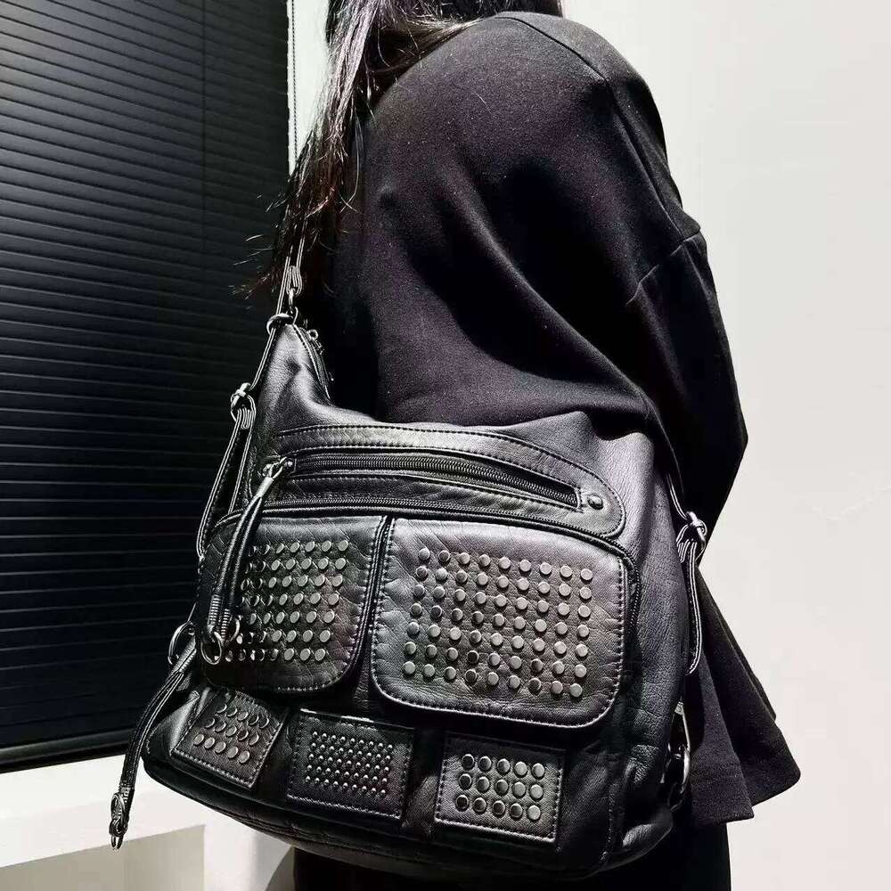 Women's Bags Designer Ladies' Fashion Y2k Rivet Hot Girl Washed Motorcycle Large Capacity Vintage Single Shoulder Tote Bag