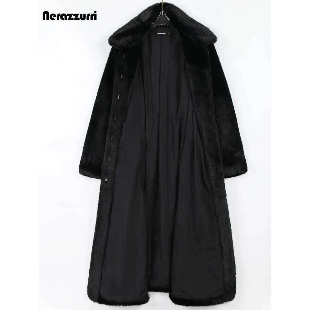 Nerazzurri Winter Long Elegant Black Fitted Thick Warm Soft Fluffy Faux Mink Fur Coat Women Sashes Turn-down Collar 2022
