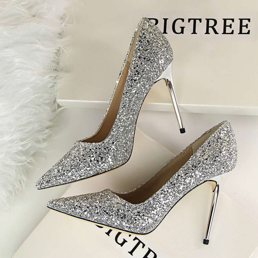 Women's shallow mouth pointed glitter sexy slim fit high heels, fashionable women's high heels, banquet high heels, women's sandals