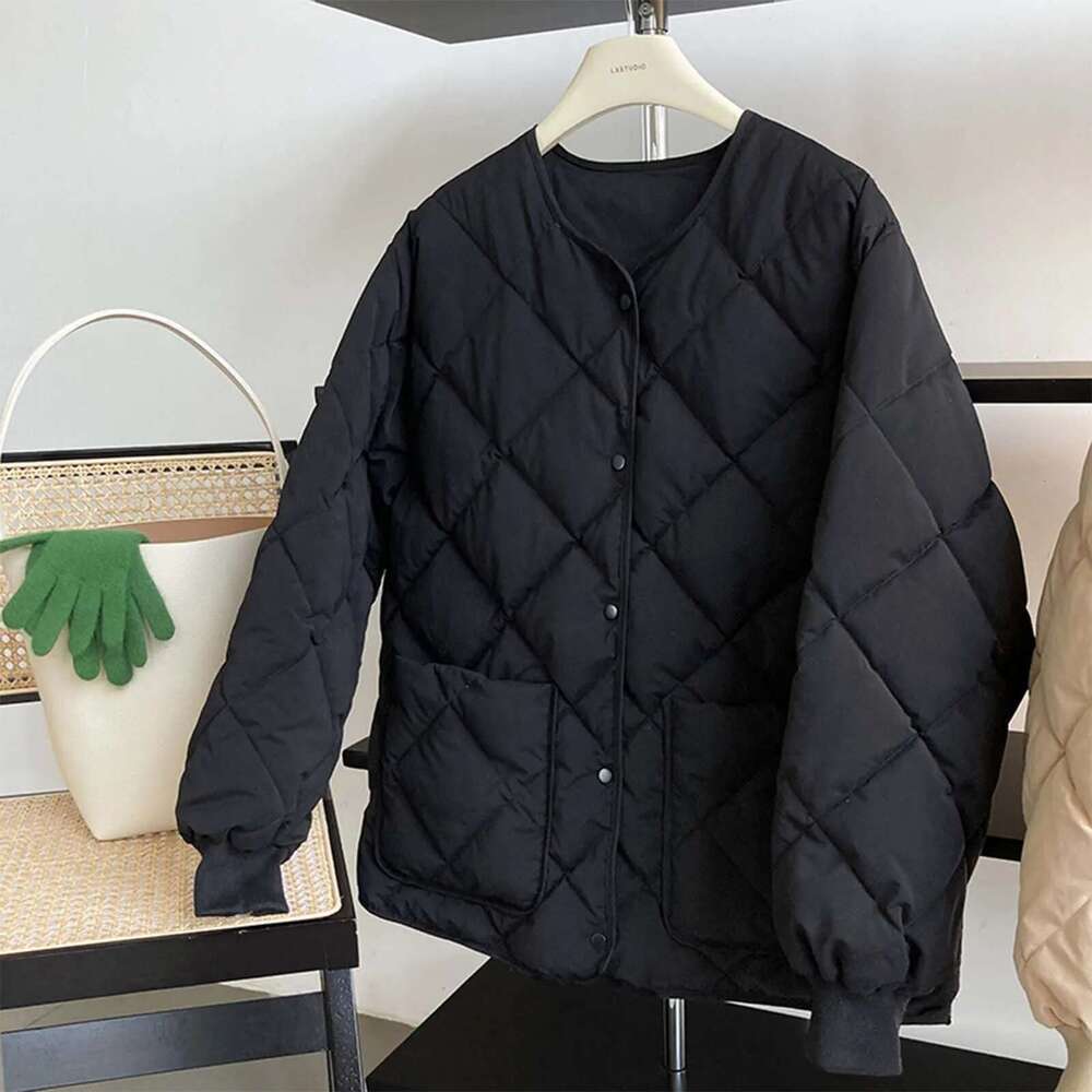 Winter Coat Female Women's Cotton Padded Jacket With Dia Check And Collarless Pocket Abrigos Invierno Mujer 2024