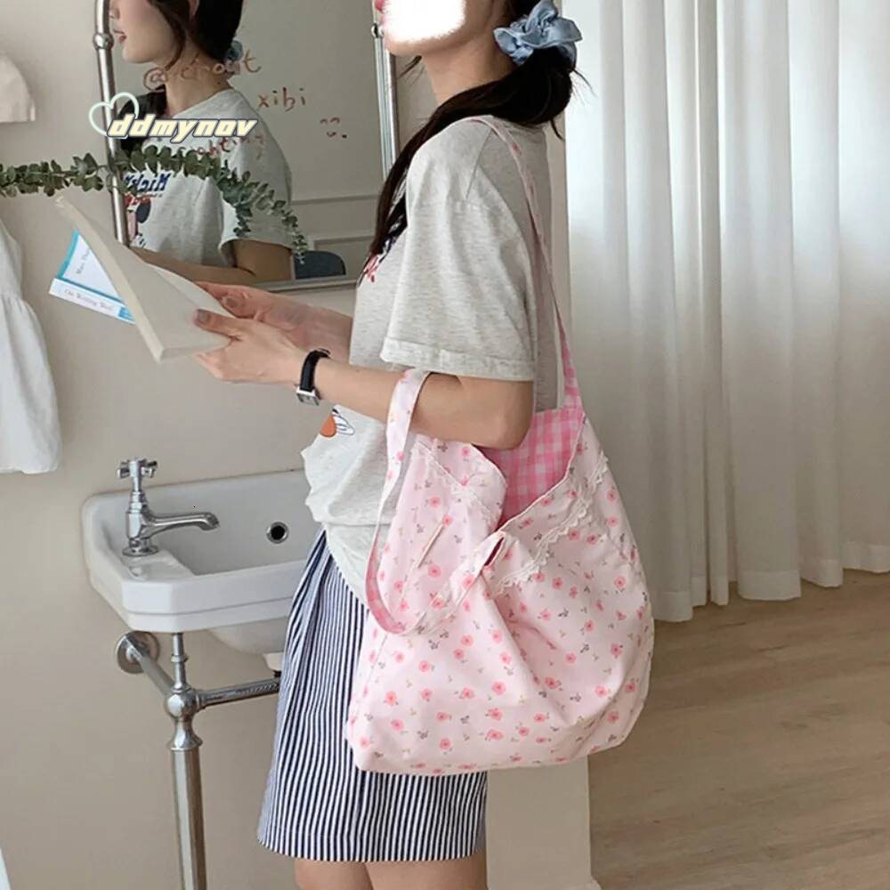 Pink Floral Canvas Shoulder Handbag Korean Travel Beach Double-sided Shopping Totes Girl Lace Underarm Bag ddmynov