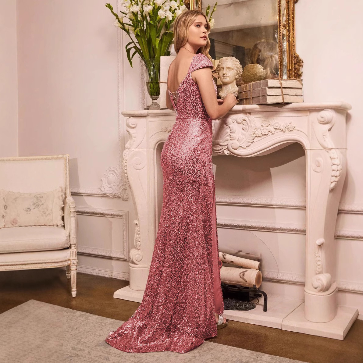 New sexy sequin banquet evening gown long bead 2025 suspender French dress