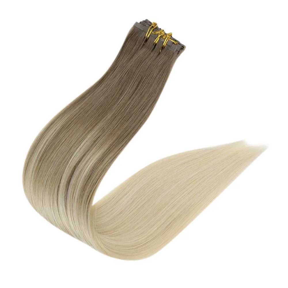 Full Shine Seamless Invisible Clip In Extensions Human Hair 8 Pcs 120g Remy Balayage Blonde Color S25526