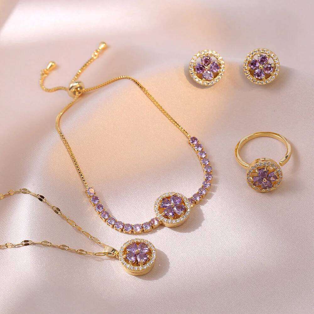 Sweet Flower Purple Zircon Pendant Necklace Earrings Set For Women Girls Stainless Steel Chain Party Accessories Jewelry