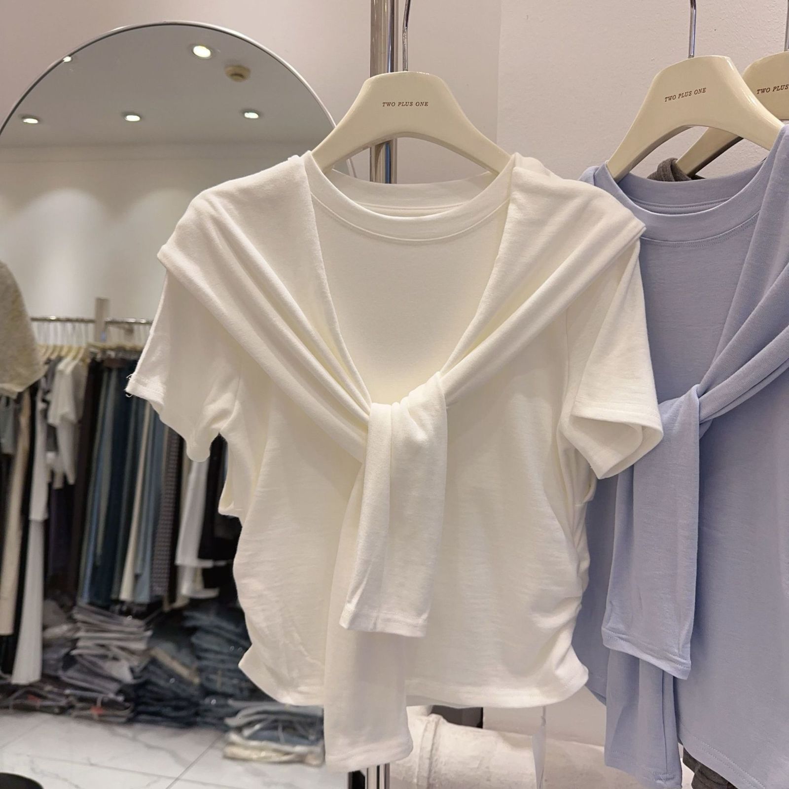 Super tactile Modal cotton design niche shawl fake two-piece T-shirt womens short sleeved top solid color short top 250211